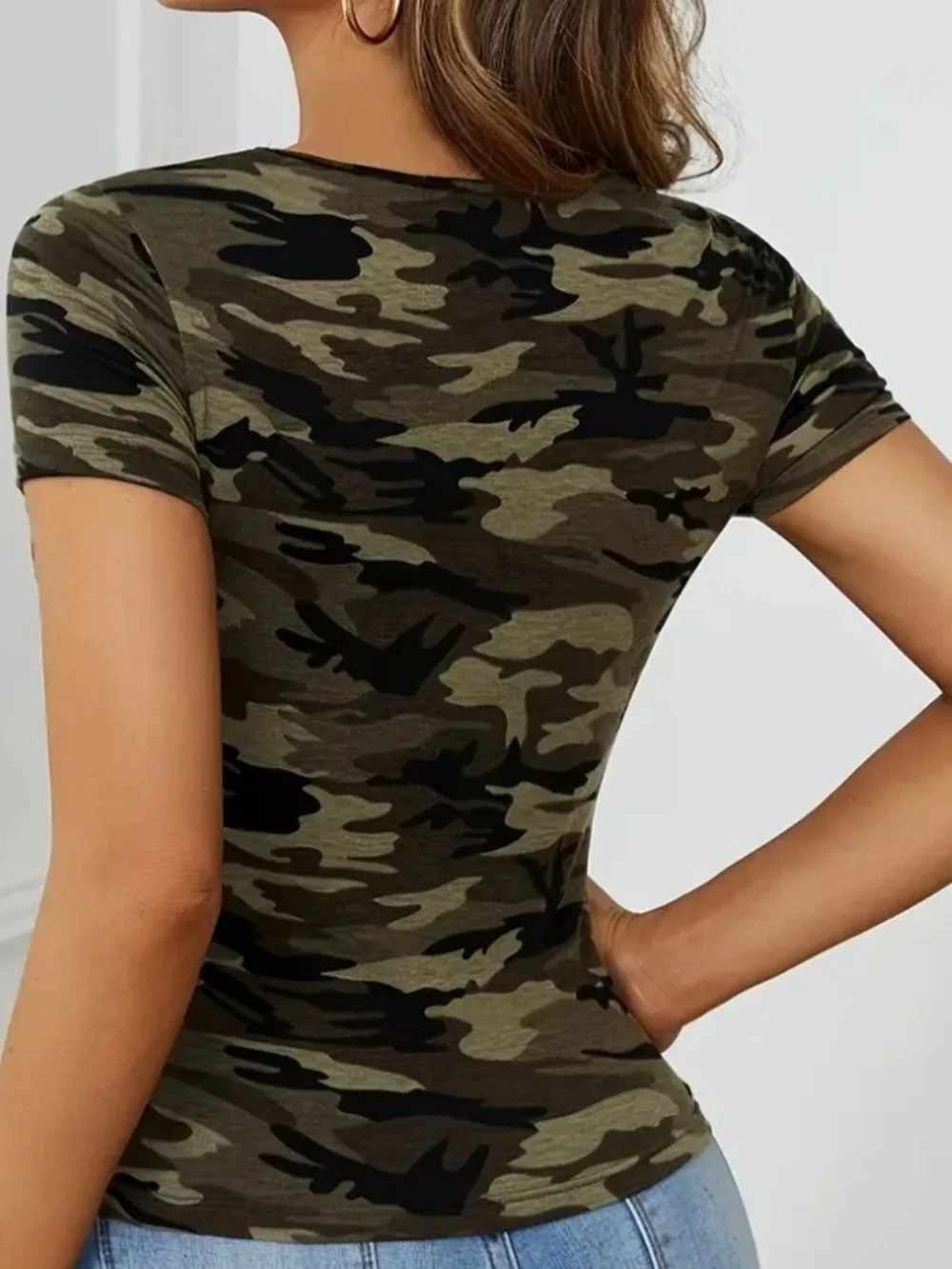 Camo Cutout Short Sleeve Top - Olive Green - Picture 2 of 3